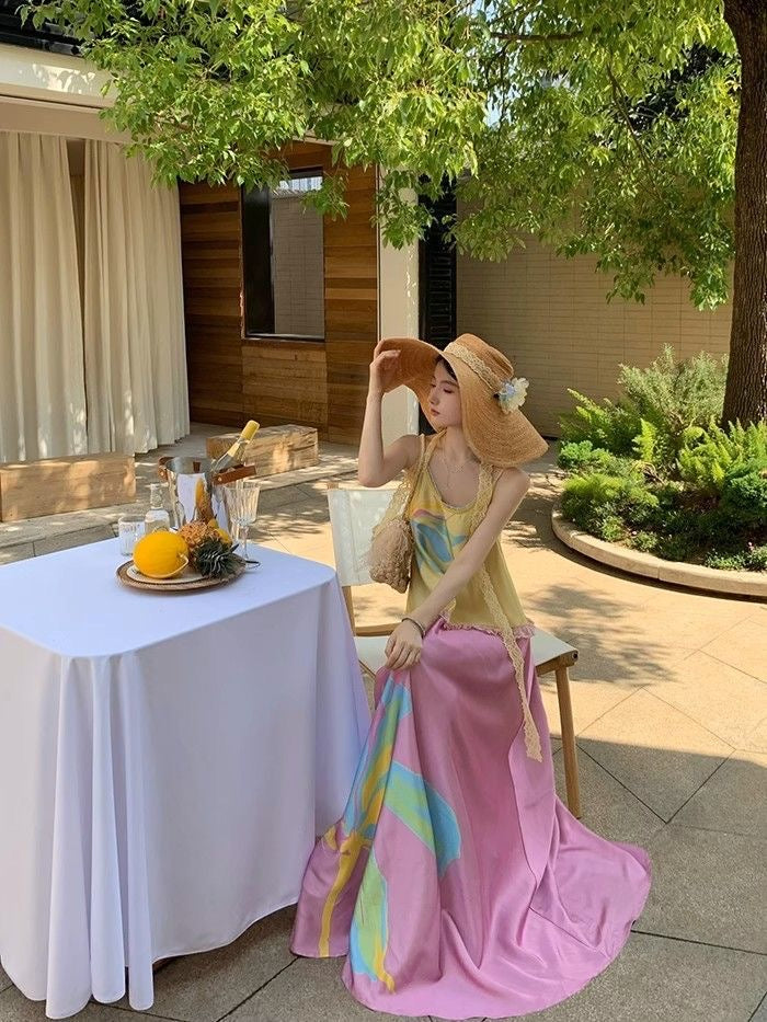 Yellow Pink Strap Long Dress