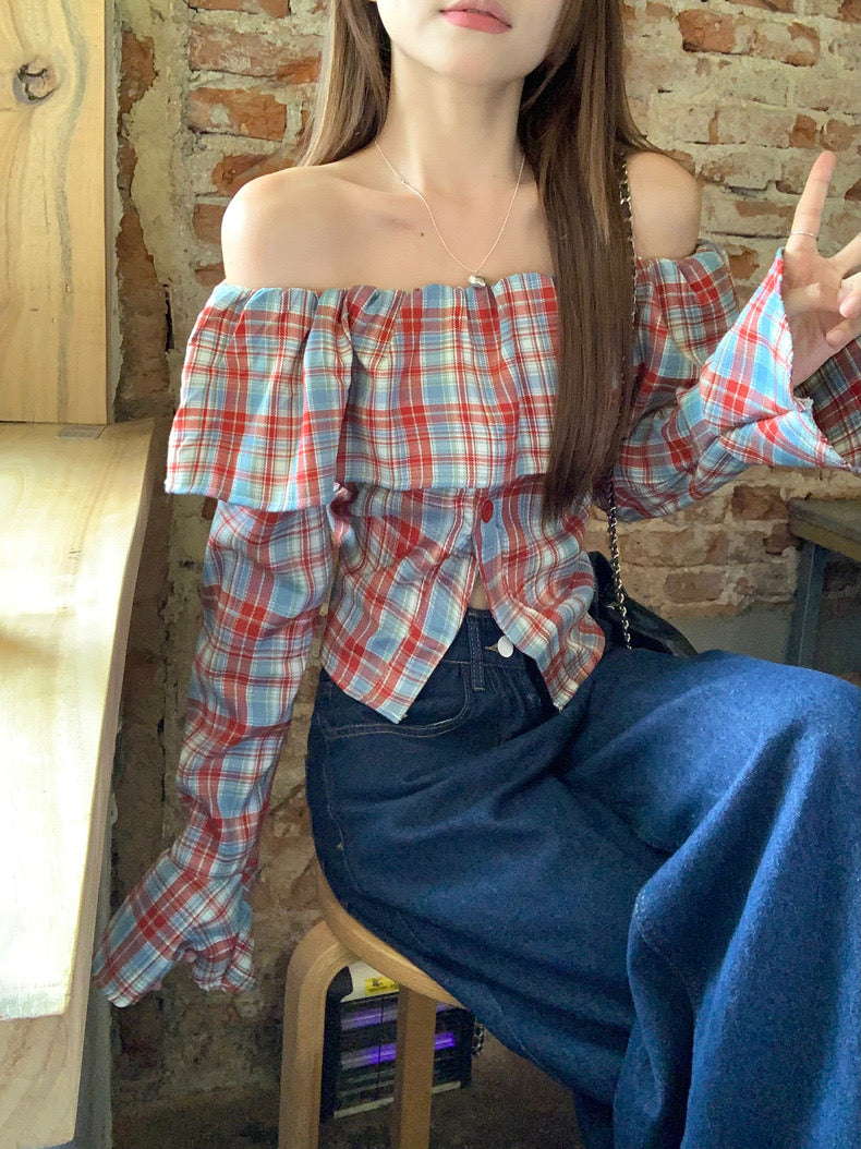 Off Shoulder Grid Long Sleeve Top