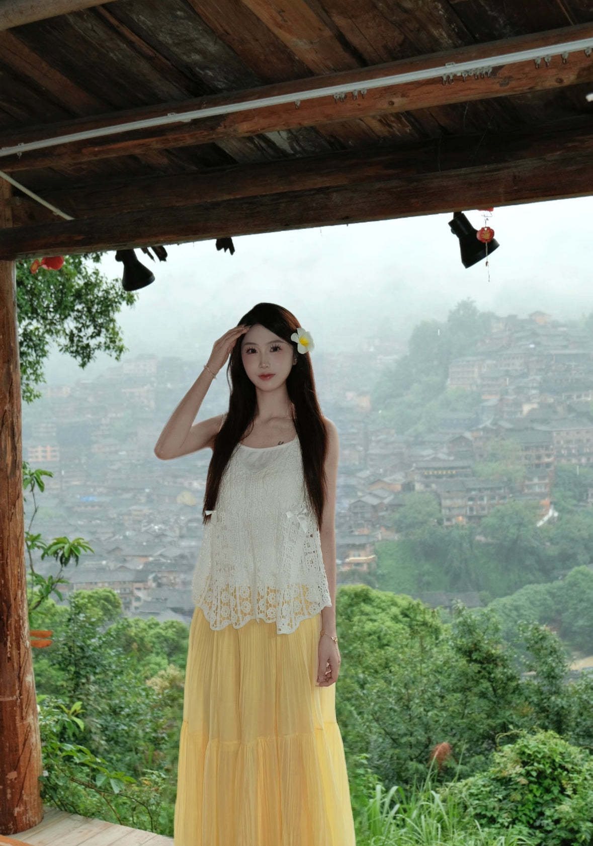 Embroidery White Top + Inner Top + Yellow Skirt Three Piece Set