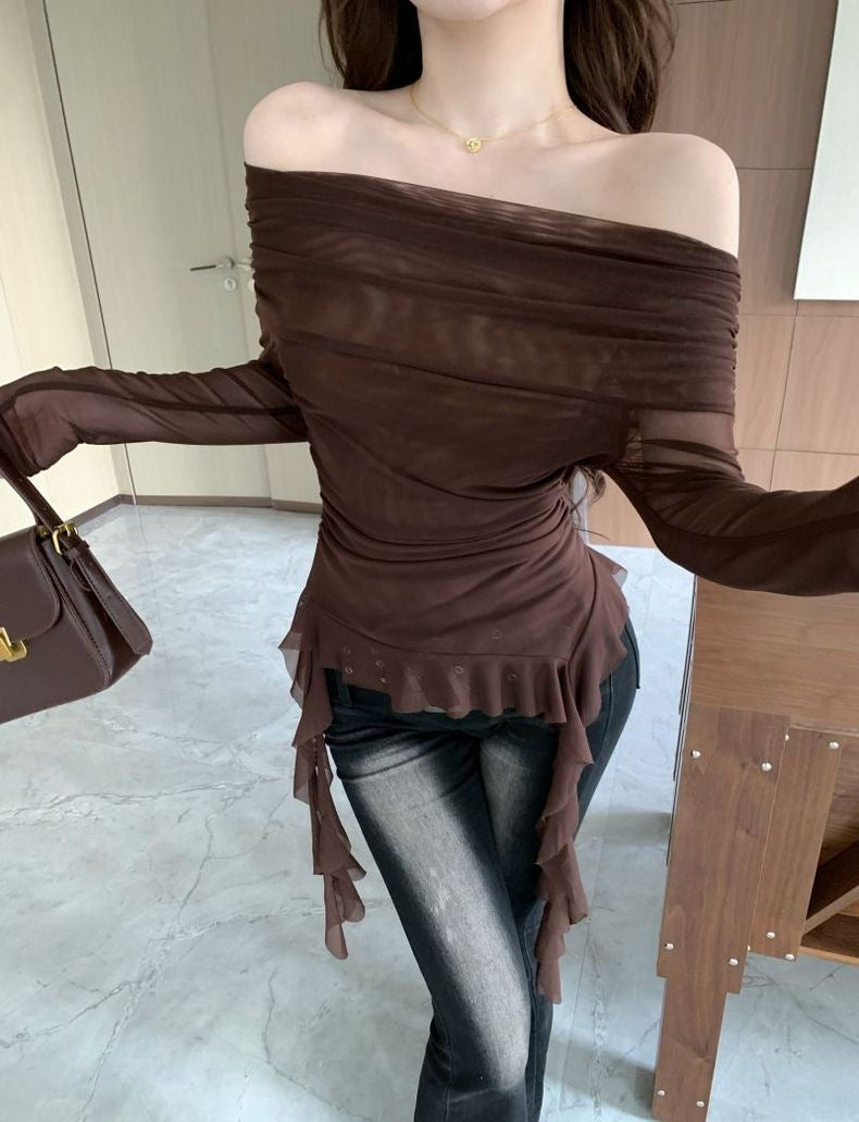 Off Shoulder Long Sleeve Brown Mesh Top