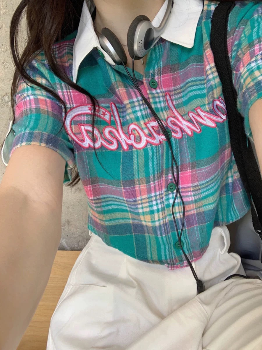 Grid Short Sleeve Crop Shirt T