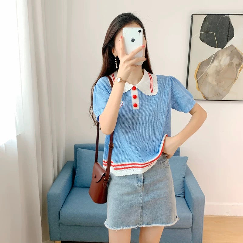 Blue Thin Knitted Short Sleeve Top