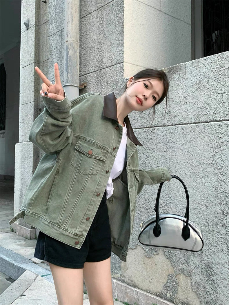 Army Green Denim PU Leather Collar Jacket