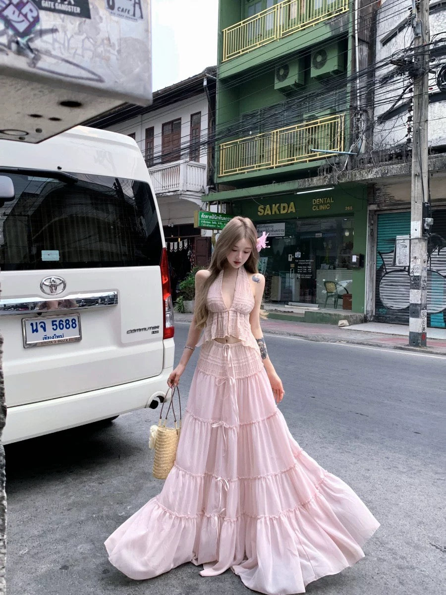 Pink Lace Top + Long Skirt Two Pieces Set