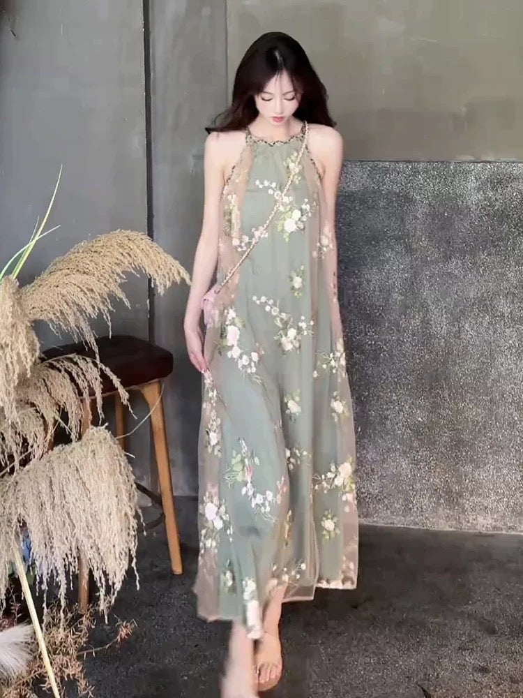 Mesh Flower Khaki Long Dress