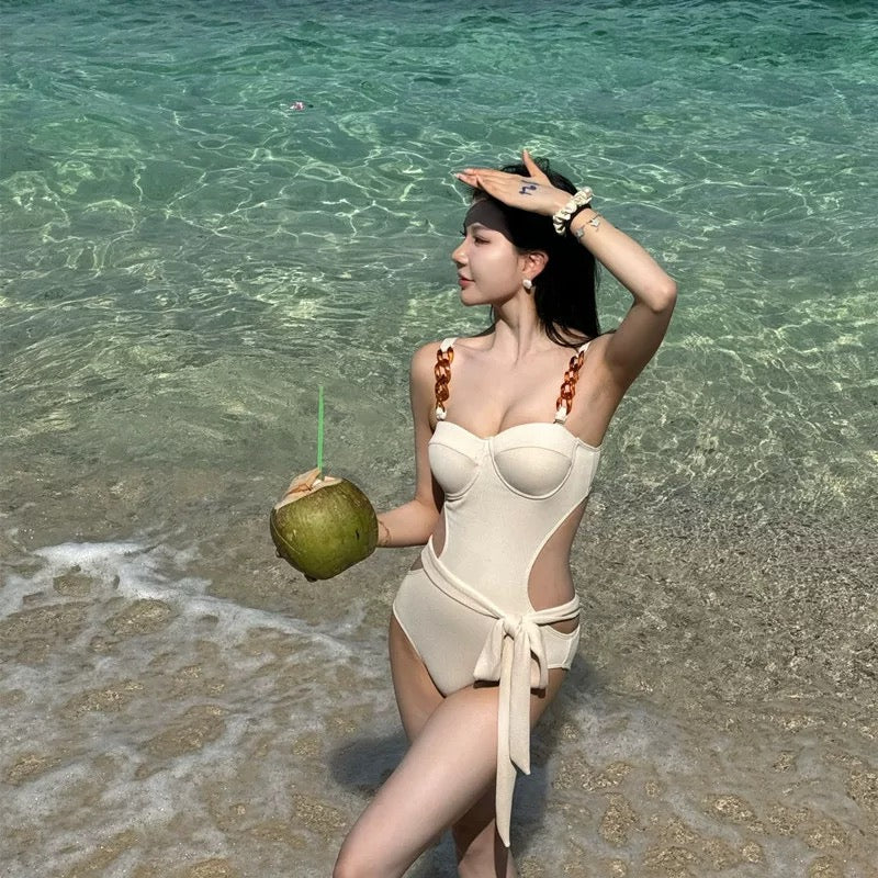 Waist Cut Beige/ Black BK13 Swimsuits