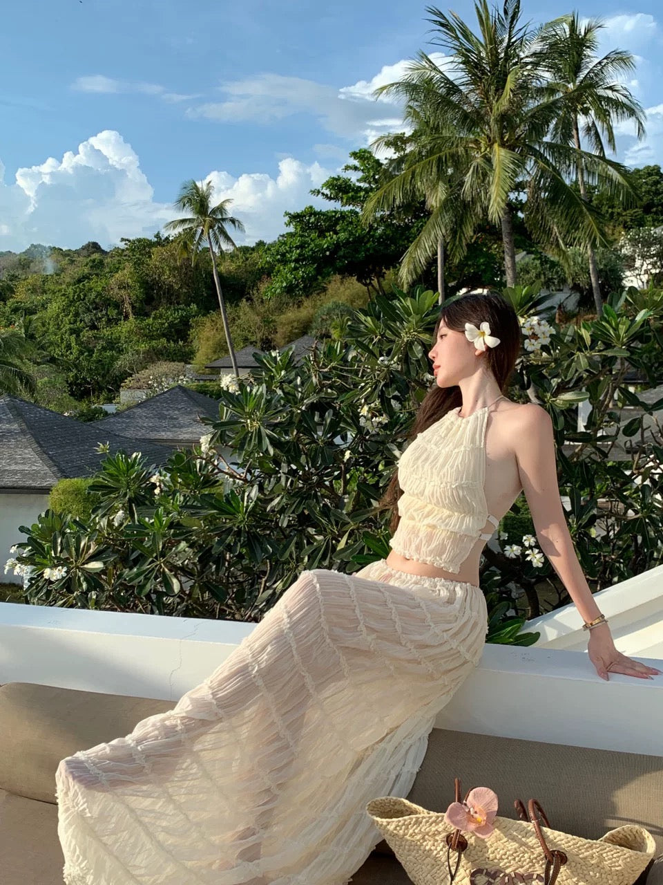 Layered Bareback Top + Long Skirt Two Pieces Set