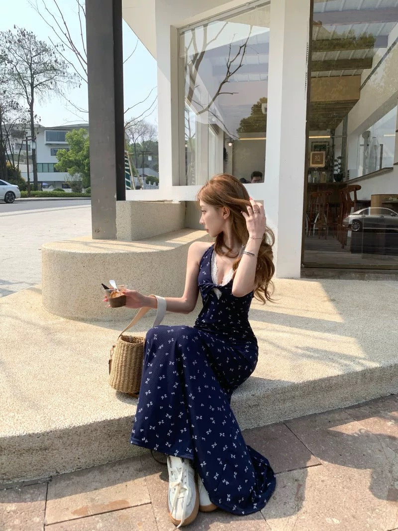 Round Collar Navy Long Dress (S)