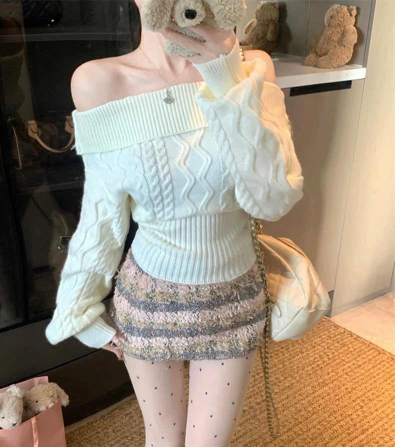 Multi Wear Off Shoulder Long Sleeve Crop Knitted Top