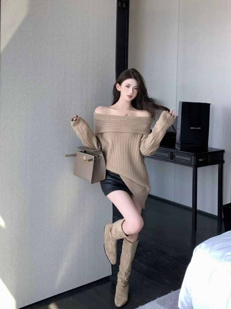 Off Shoulder Knitted Long Sleeve Top