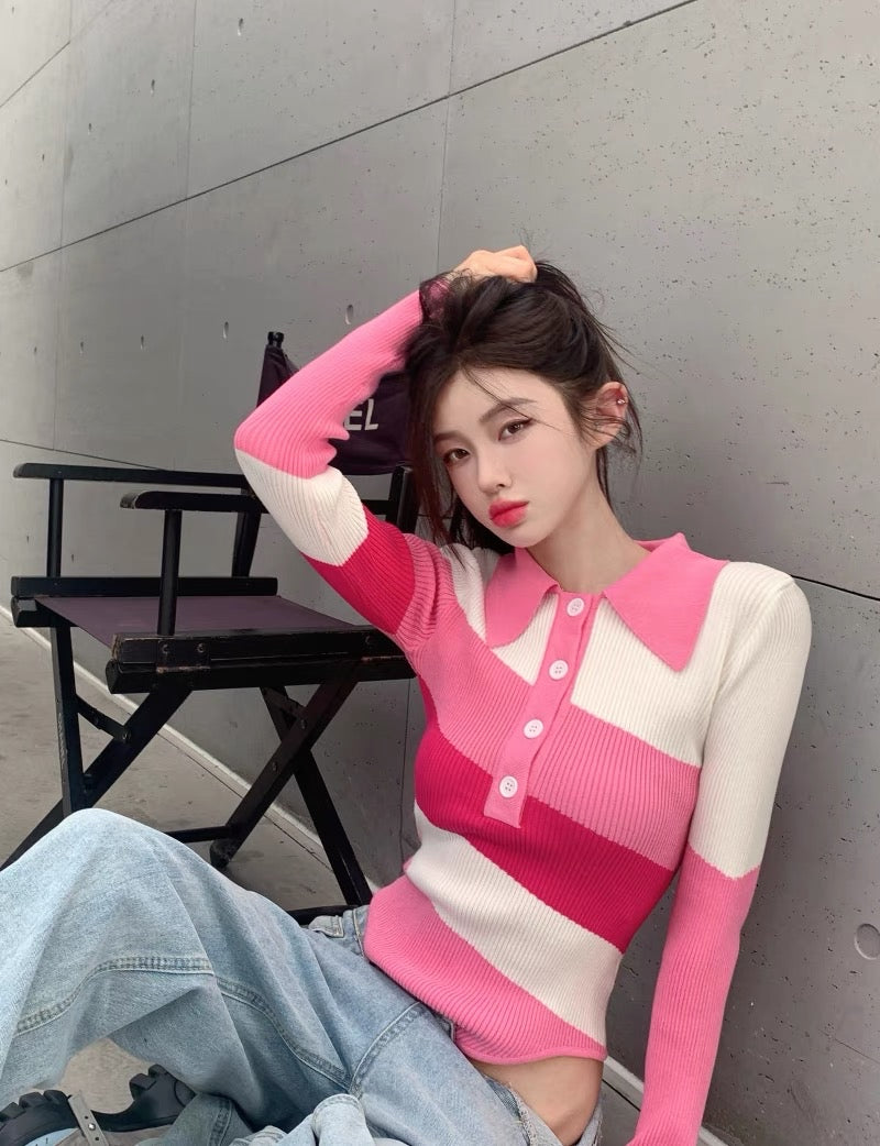 Low Waist Cut Pink Long Sleeve Top
