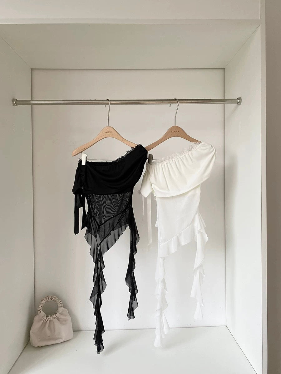 Laces Mesh Side Off Shoulder Sleeve Top
