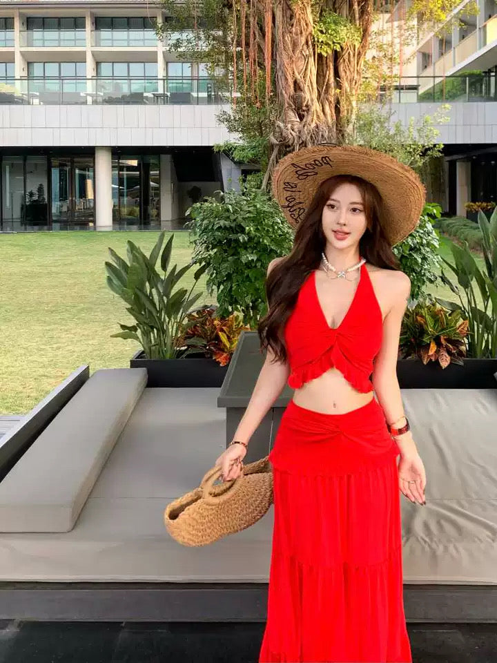 V Collar Top + Long Skirt Two Pieces Set