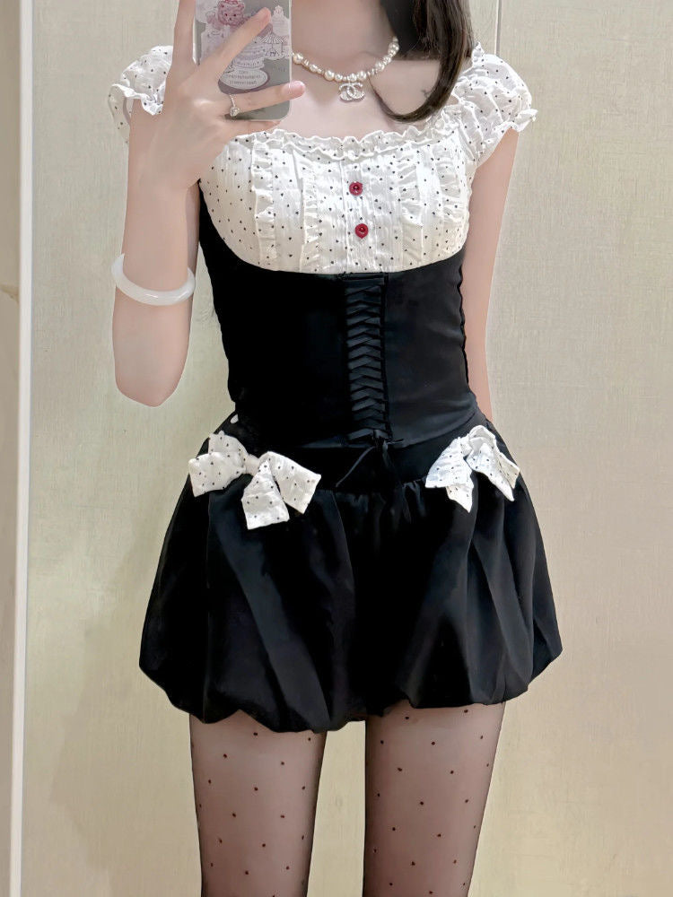 Mix White Black Top + Shorts Two Piece Set (S, M)
