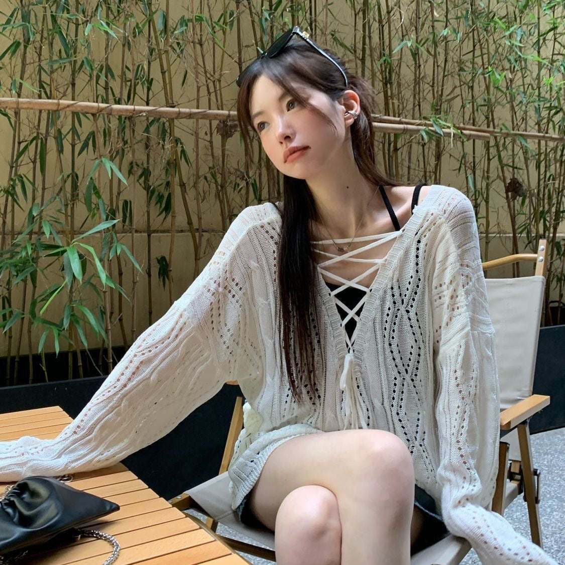V Collar White Long Sleeve Knitted Top Outerwear