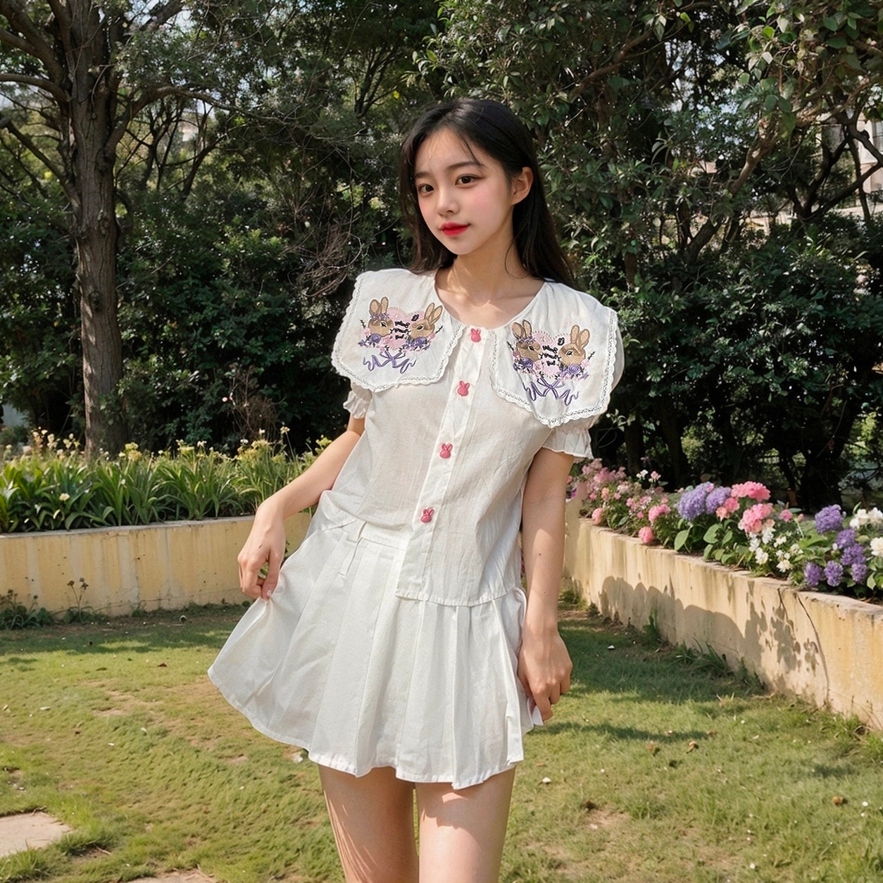 Dolly Bunnies Collar Puff Sleeve Top (White, Beige)