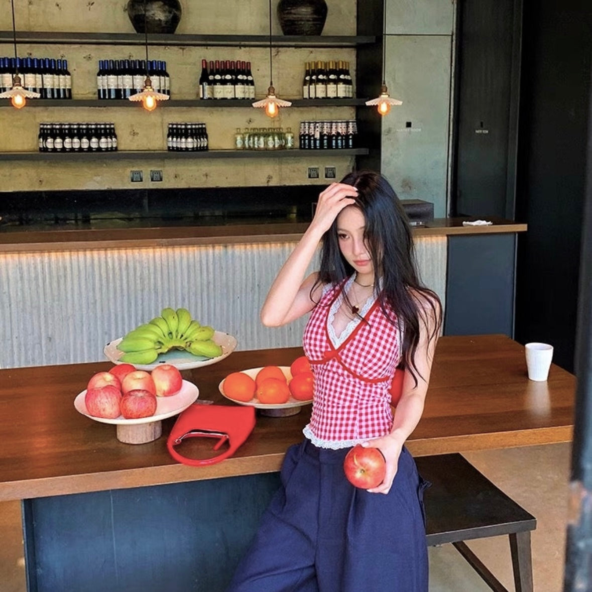 Round Lace V Collar Ginham Top With Pad 胸垫 (Yellow, Red)