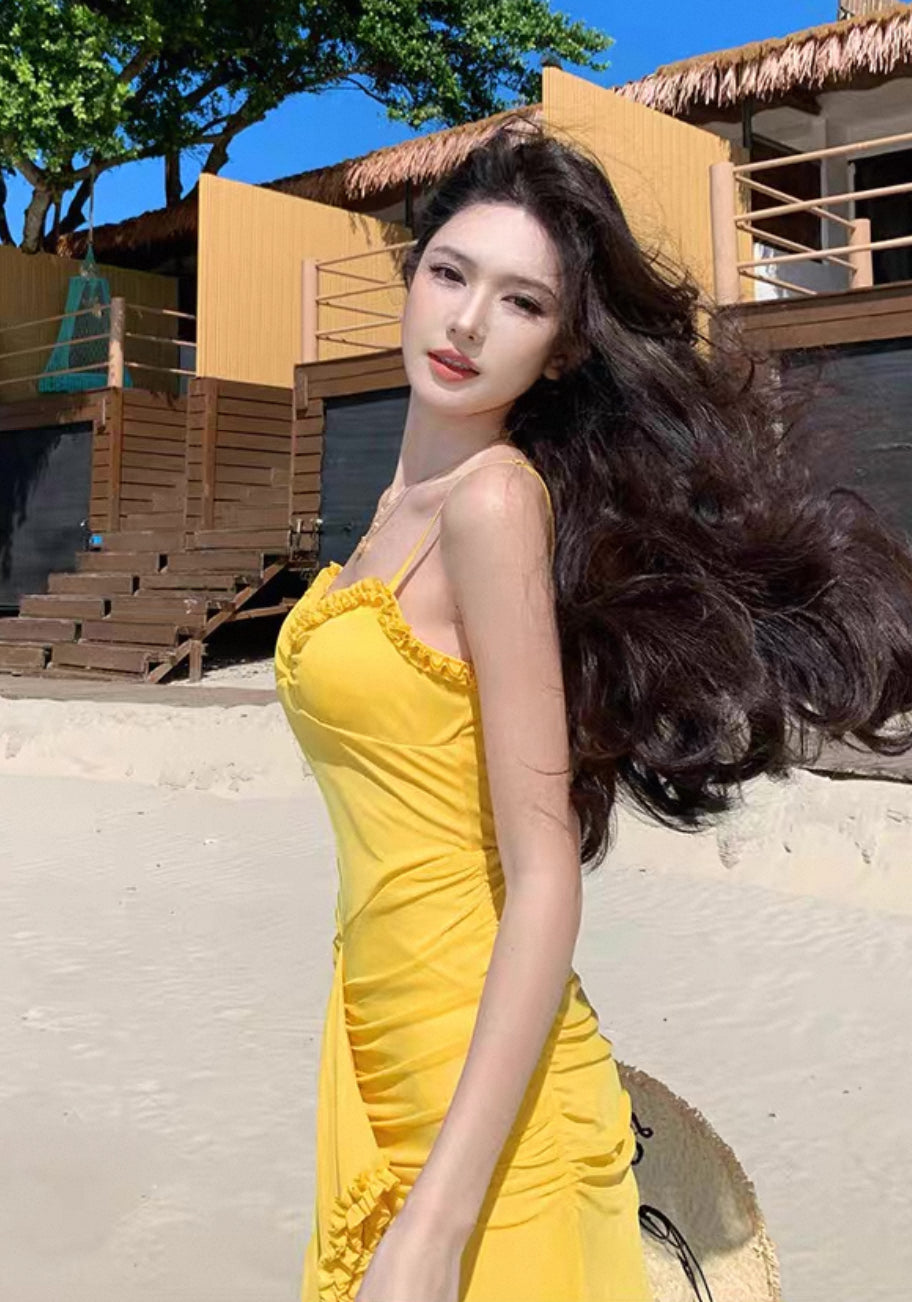 Yellow Unequal Strap Dress (S)