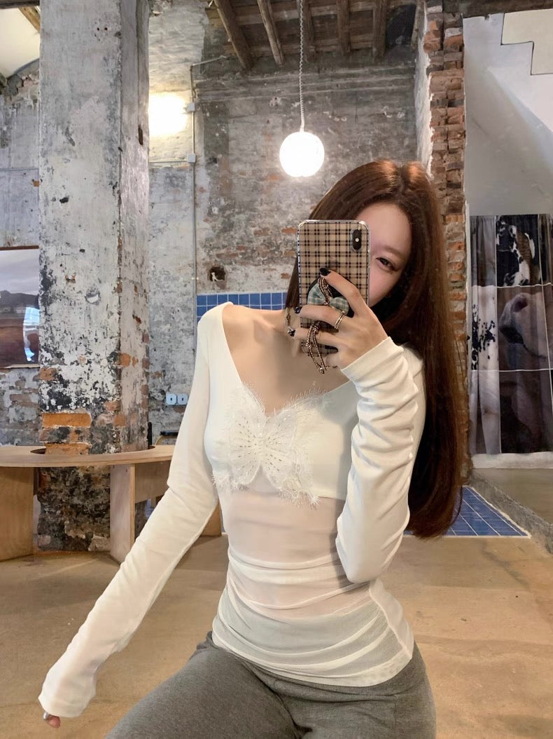 White Butterfly Mesh Long Sleeve Top