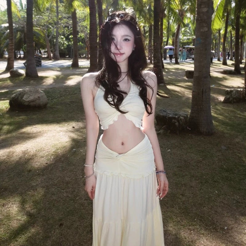 V Collar Top + Long Skirt Two Pieces Set