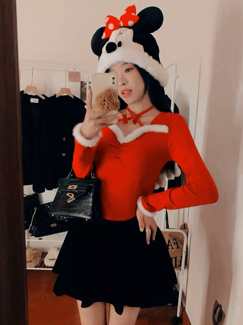 Christmas White Collar Red Top C009 (M ~ XL)