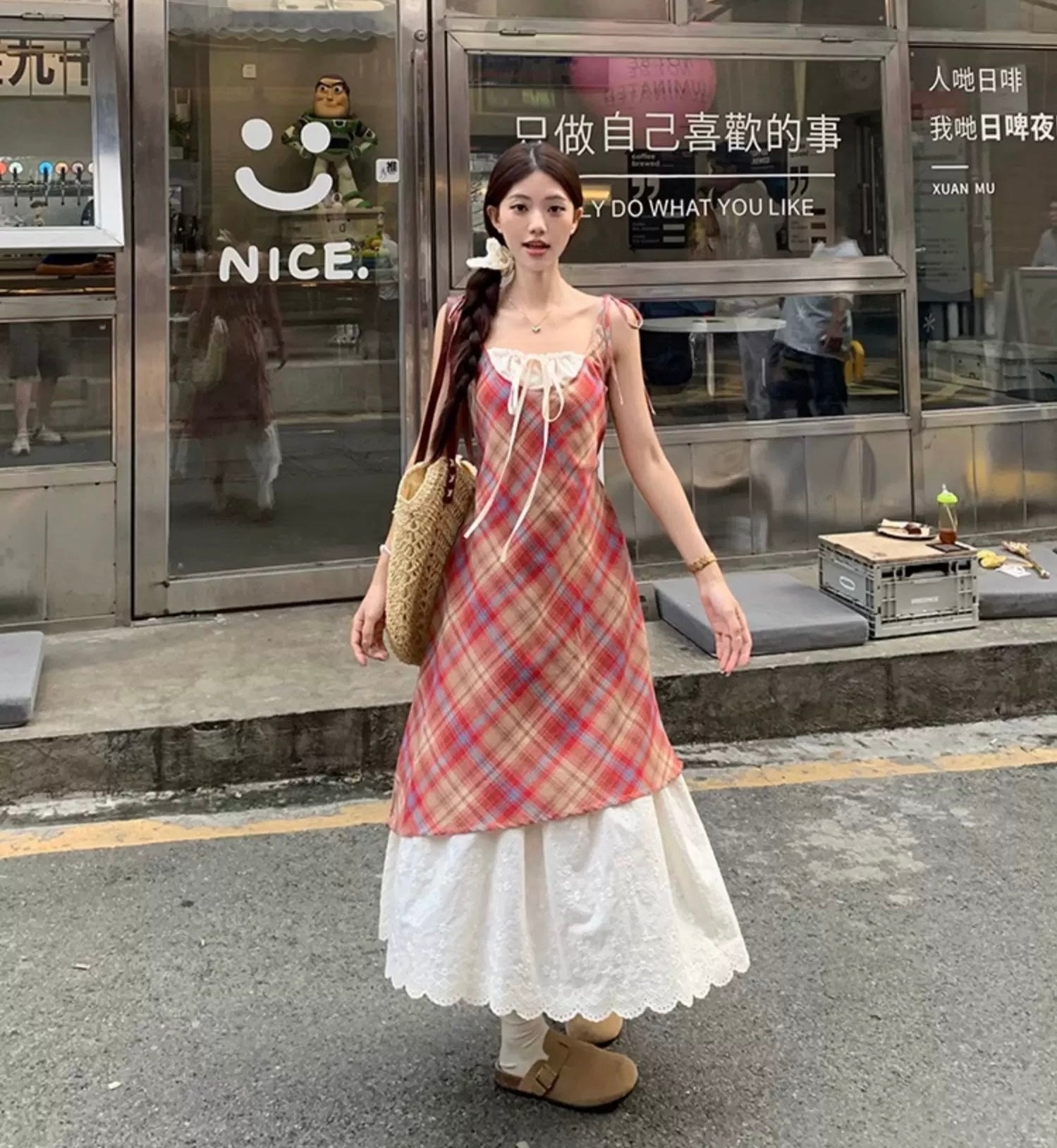 Beige Red Grid Long Dress