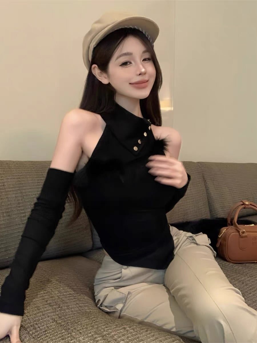 Halter Fur Sleeveless Top With Sleeve (White , Black)