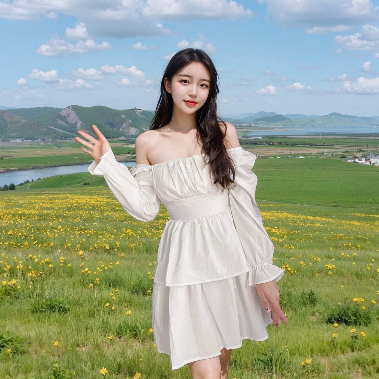 Long Puff Sleeve Two Wear White Dress