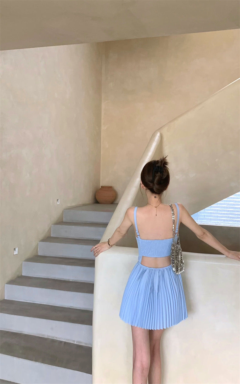Sweet Pleated Blue Dress (Blue - L - 3XL)