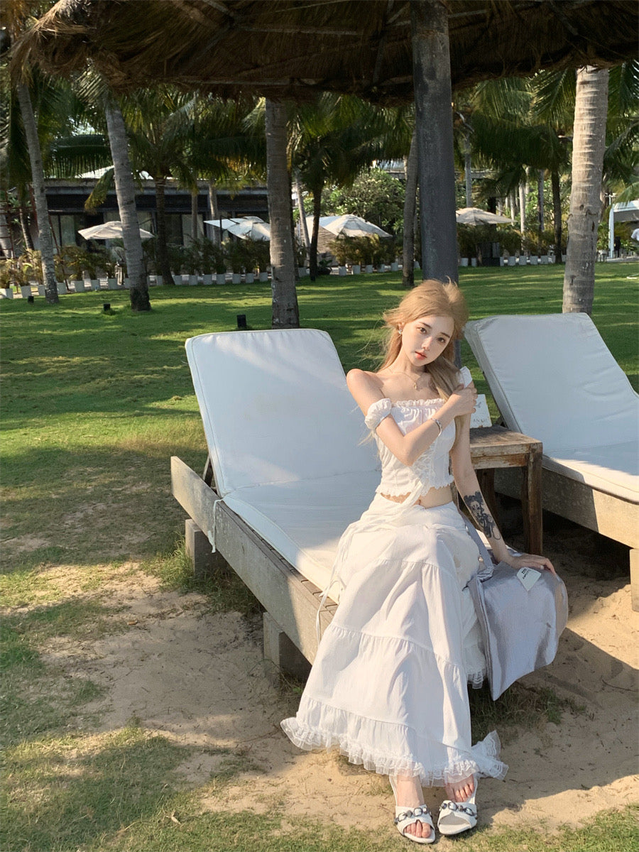 Cream White Lace Top + Long Skirt Two Pieces Set