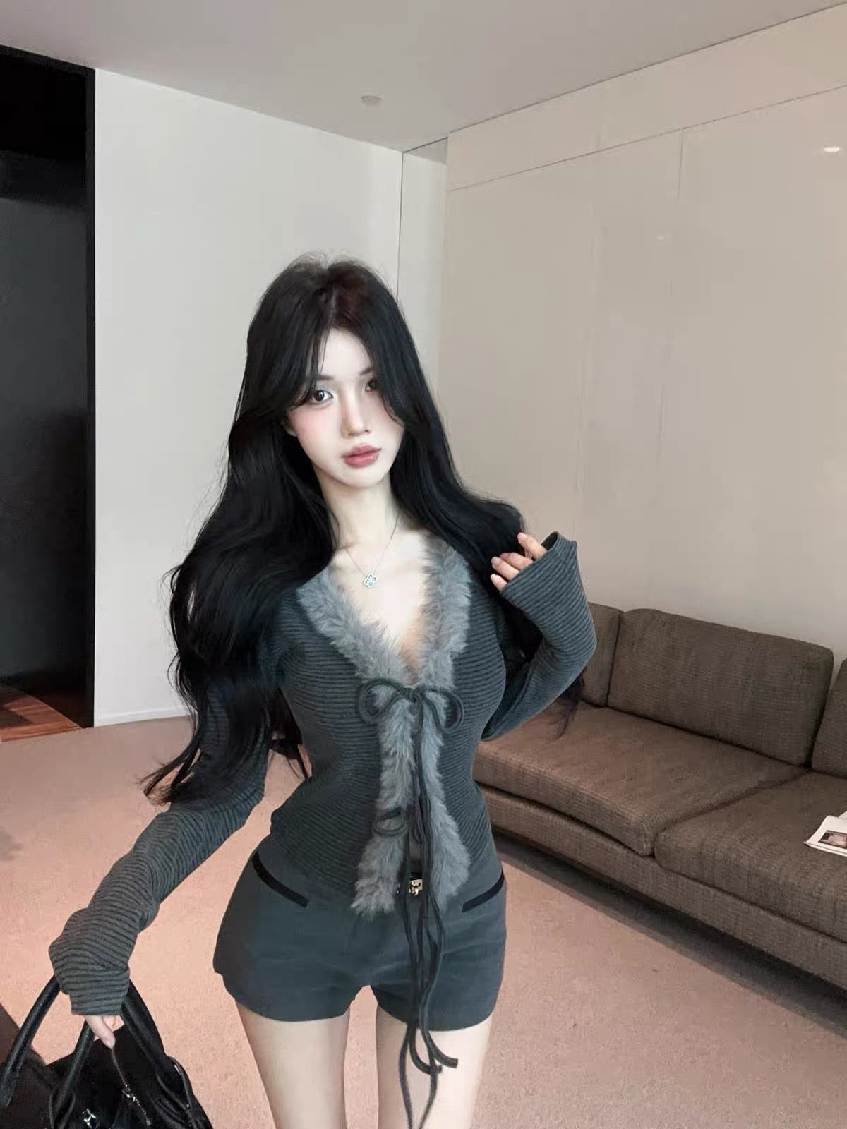 Little Fur Stripe Long Sleeve Top