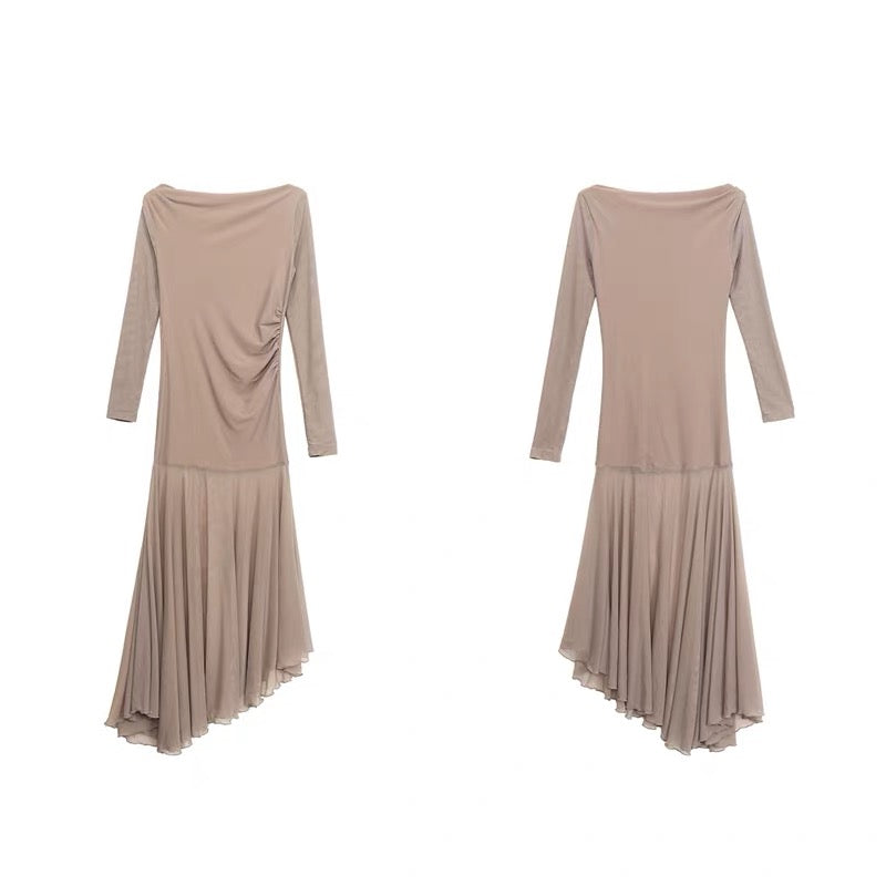 Off Shoulder Mix Mesh Long Sleeve Long Dress