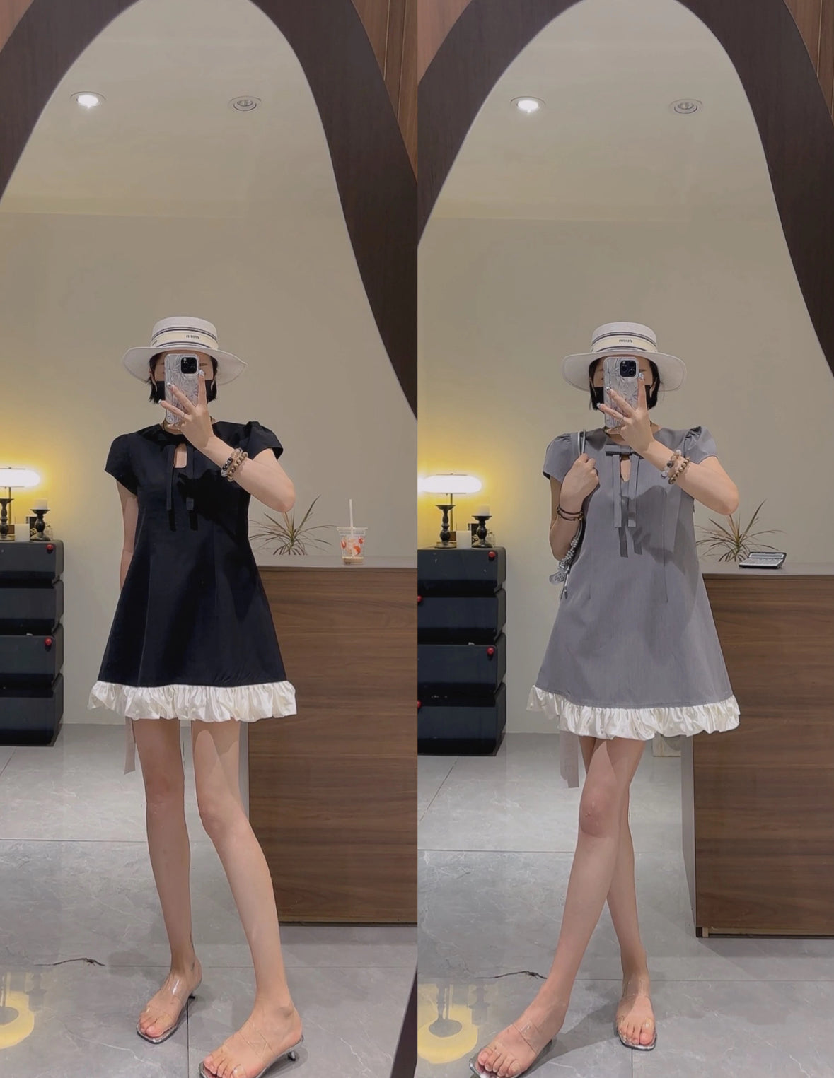 Puff Sleeve Dress (Black, Grey)