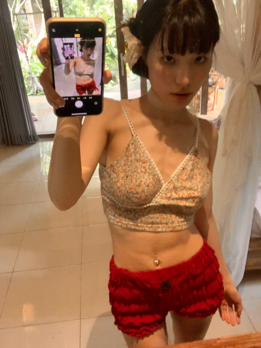 Red Low Waist Thin Puff Latern Short