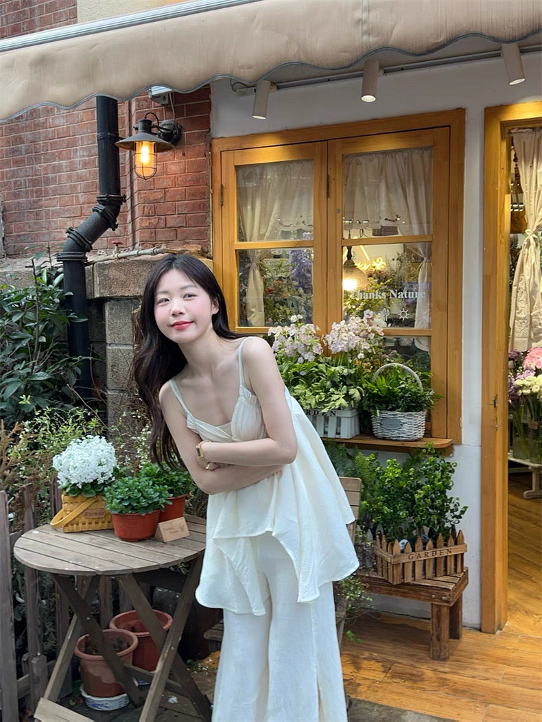 Bohemian Strap Top + Pants Two Piece Set (Cream)