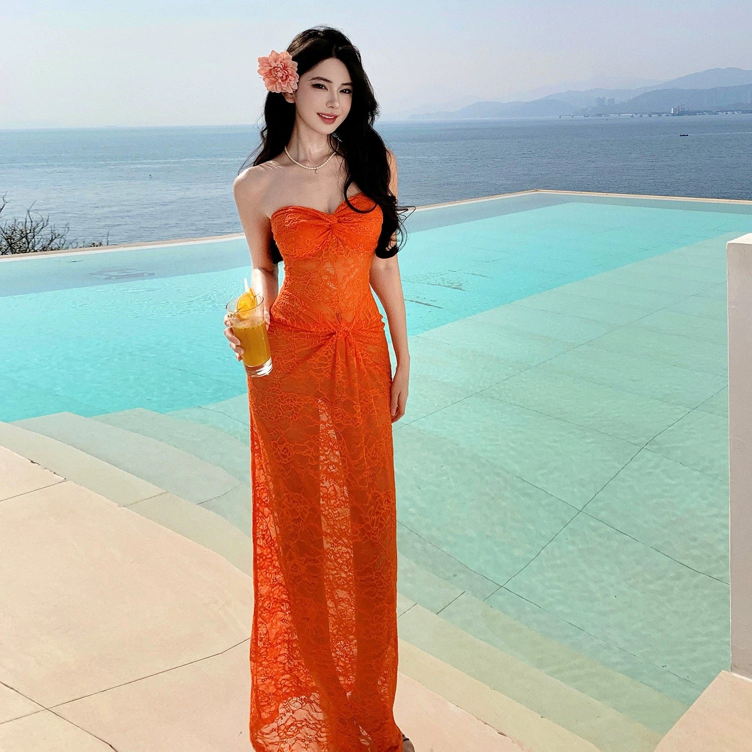 Orange Lacey Tube Long Dress (S)