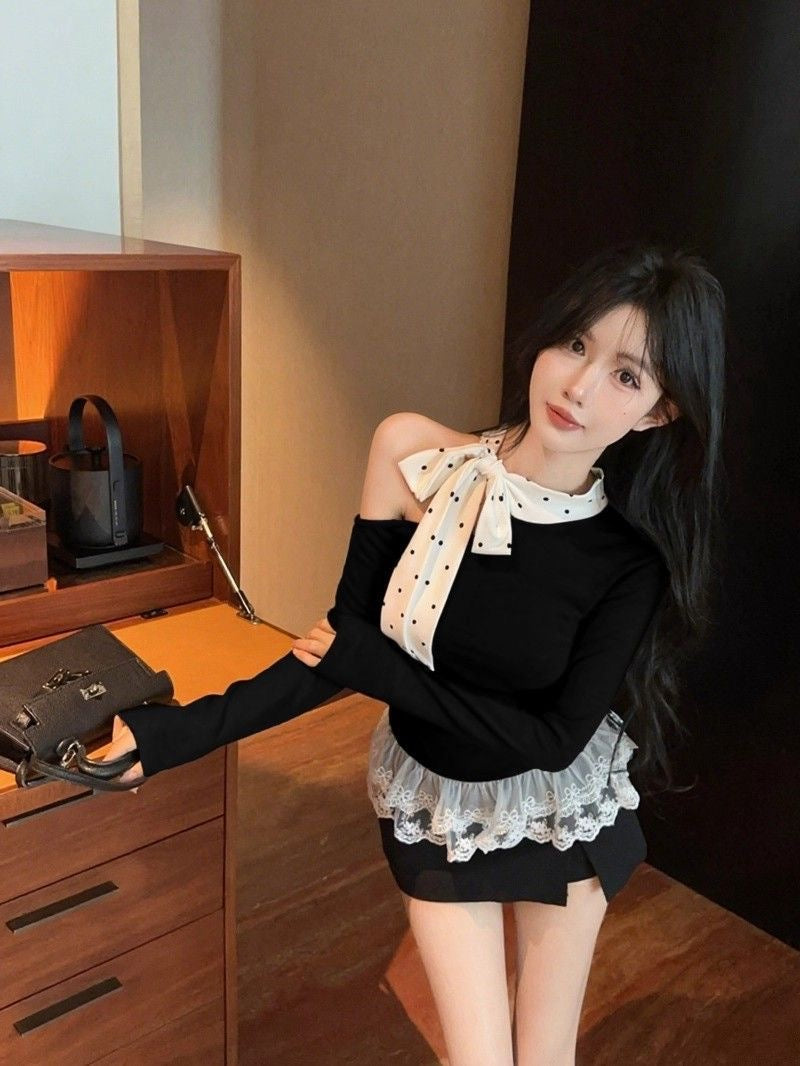 Polka Dots Off Size shoulder Long Sleeve Top