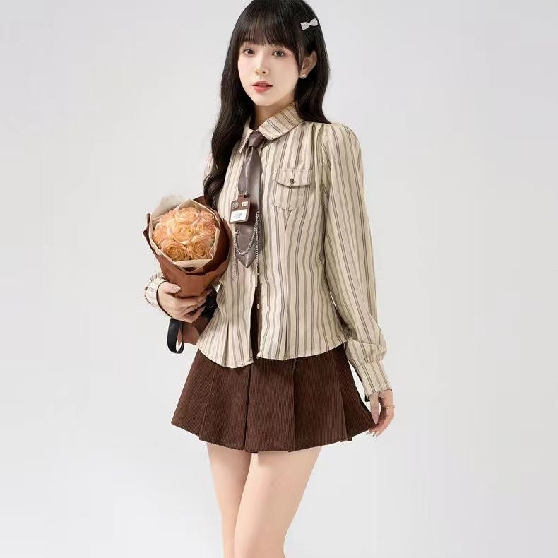 Khaki Stripe Uni Long Sleeve Top With Tie & Tag