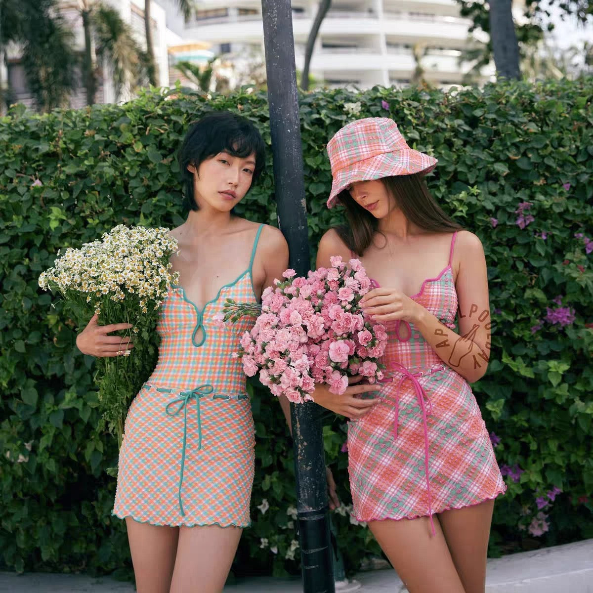 Two Toned Ginham Swimsuits + Skirt BK17 Two Piece Set