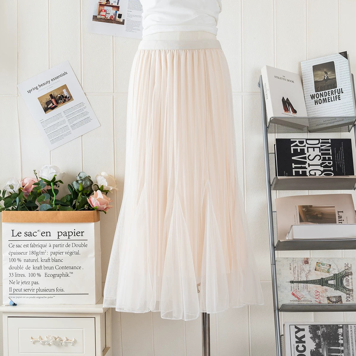 Beige Pleated Mesh Long Skirt (S)