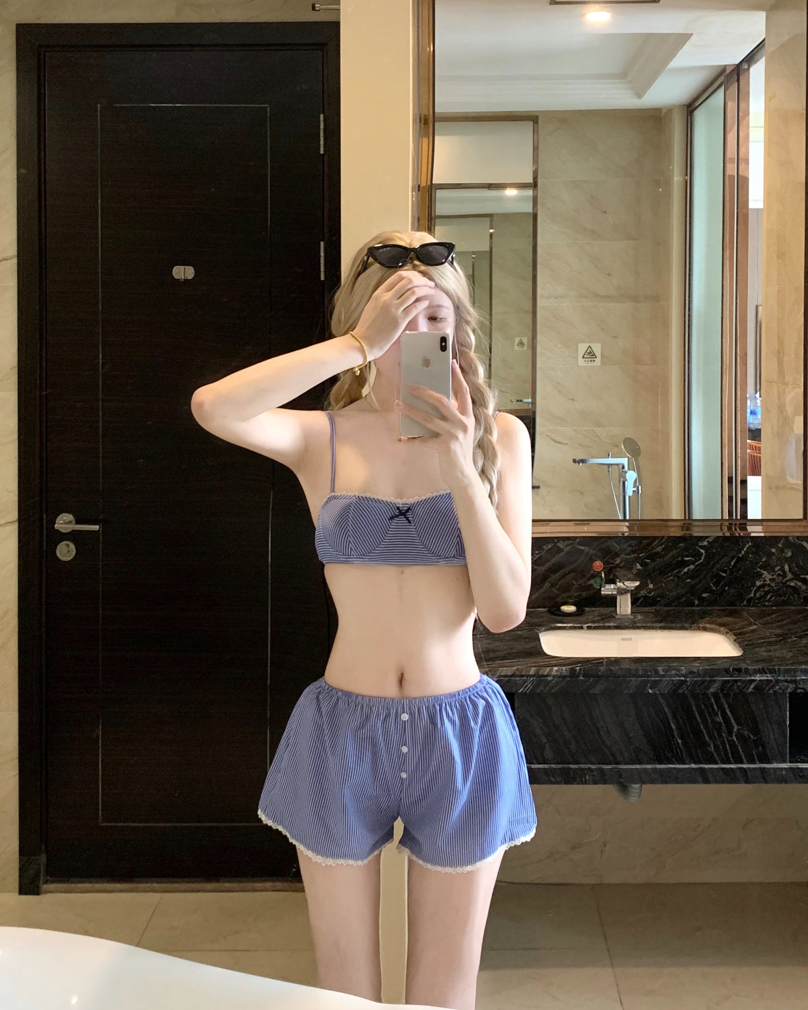 Blue Stripe Bikini + Shorts Two Pieces Set