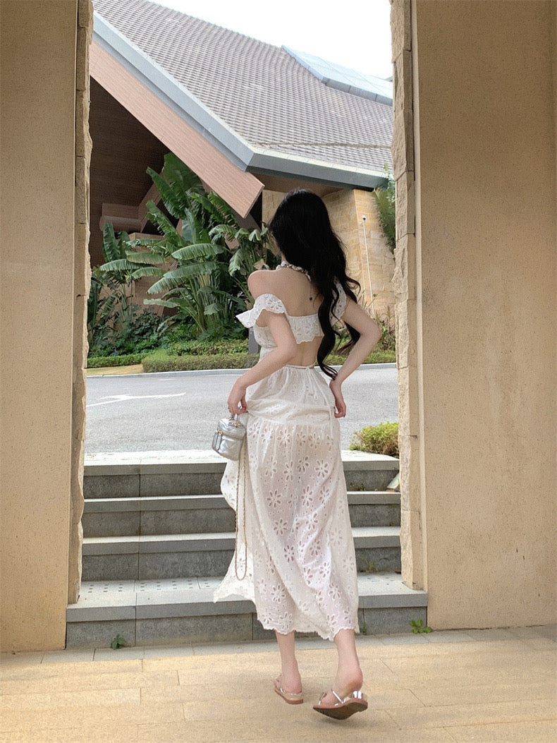 Ruffles Collar White Long Dress (S, M)