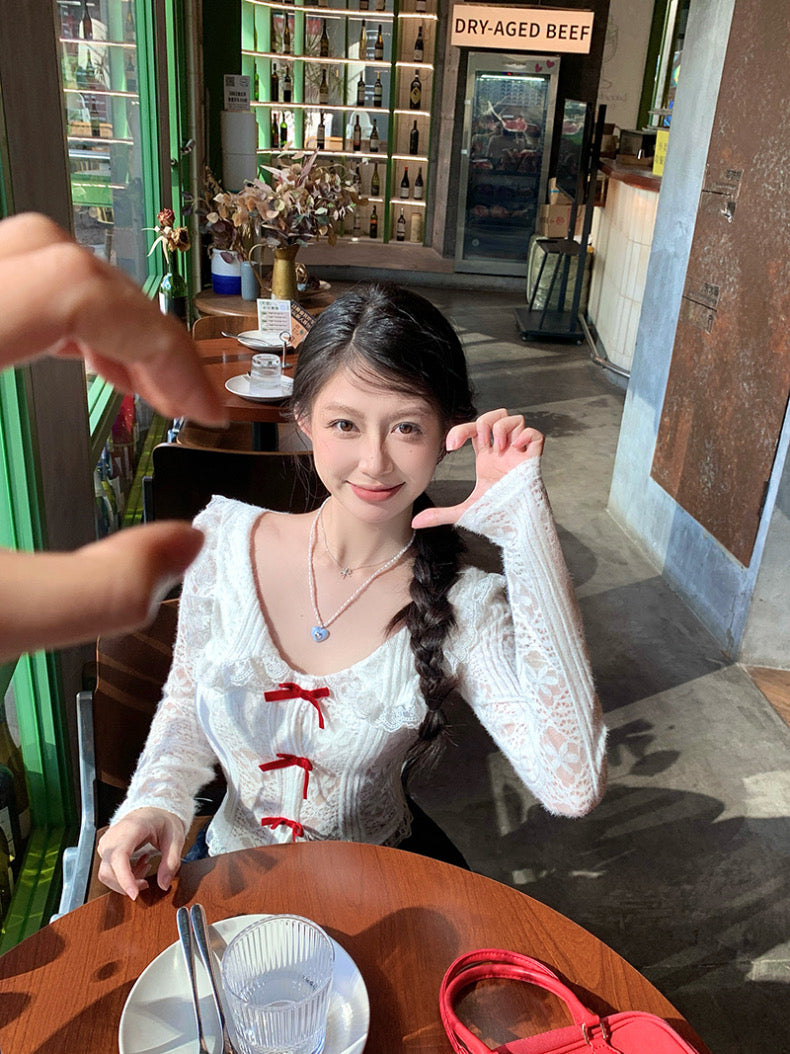 Red Bow Long Sleeve Top