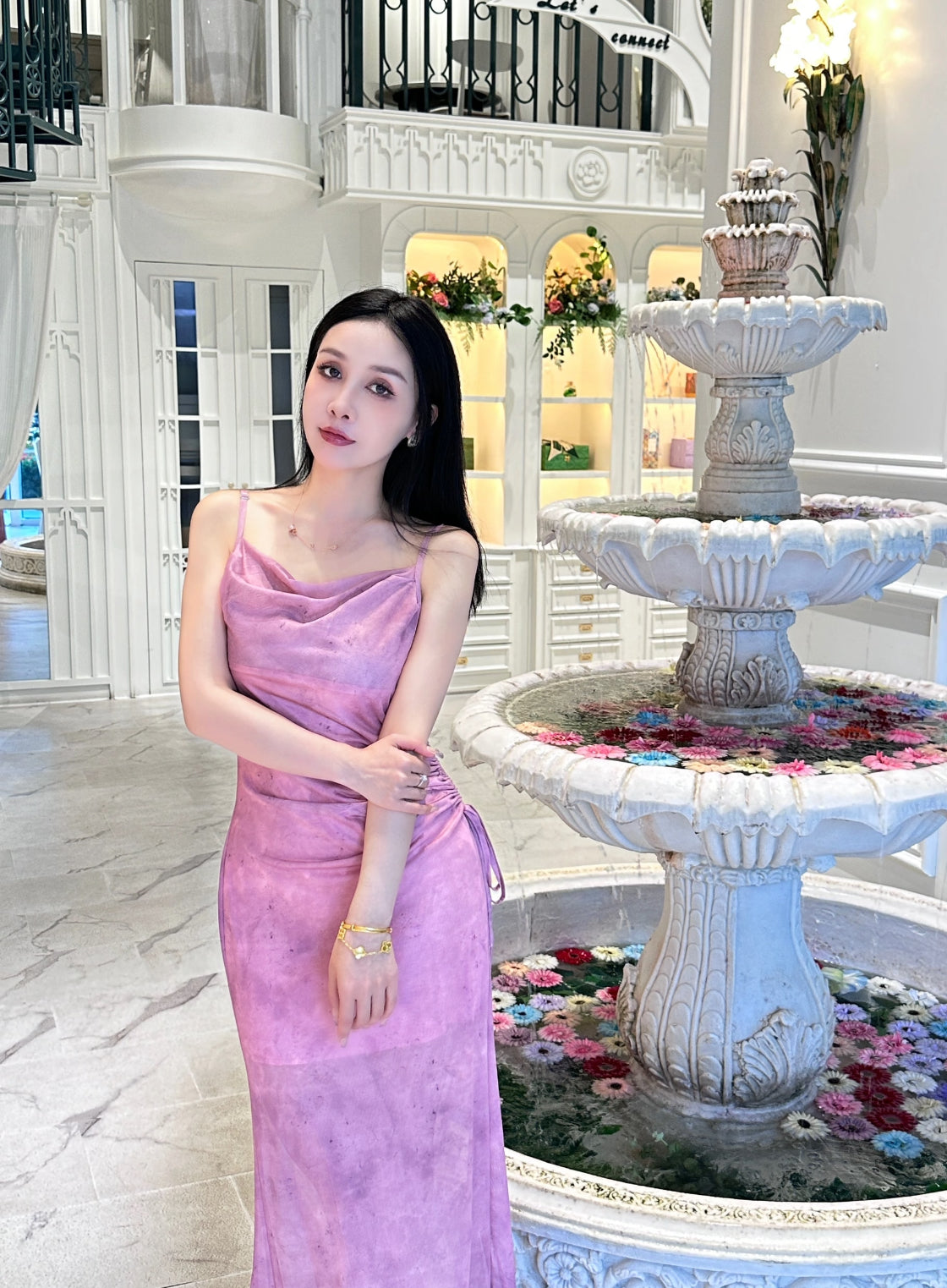 Mesh Side Tie Strap Long Dress (Pink, Blue, Grey)