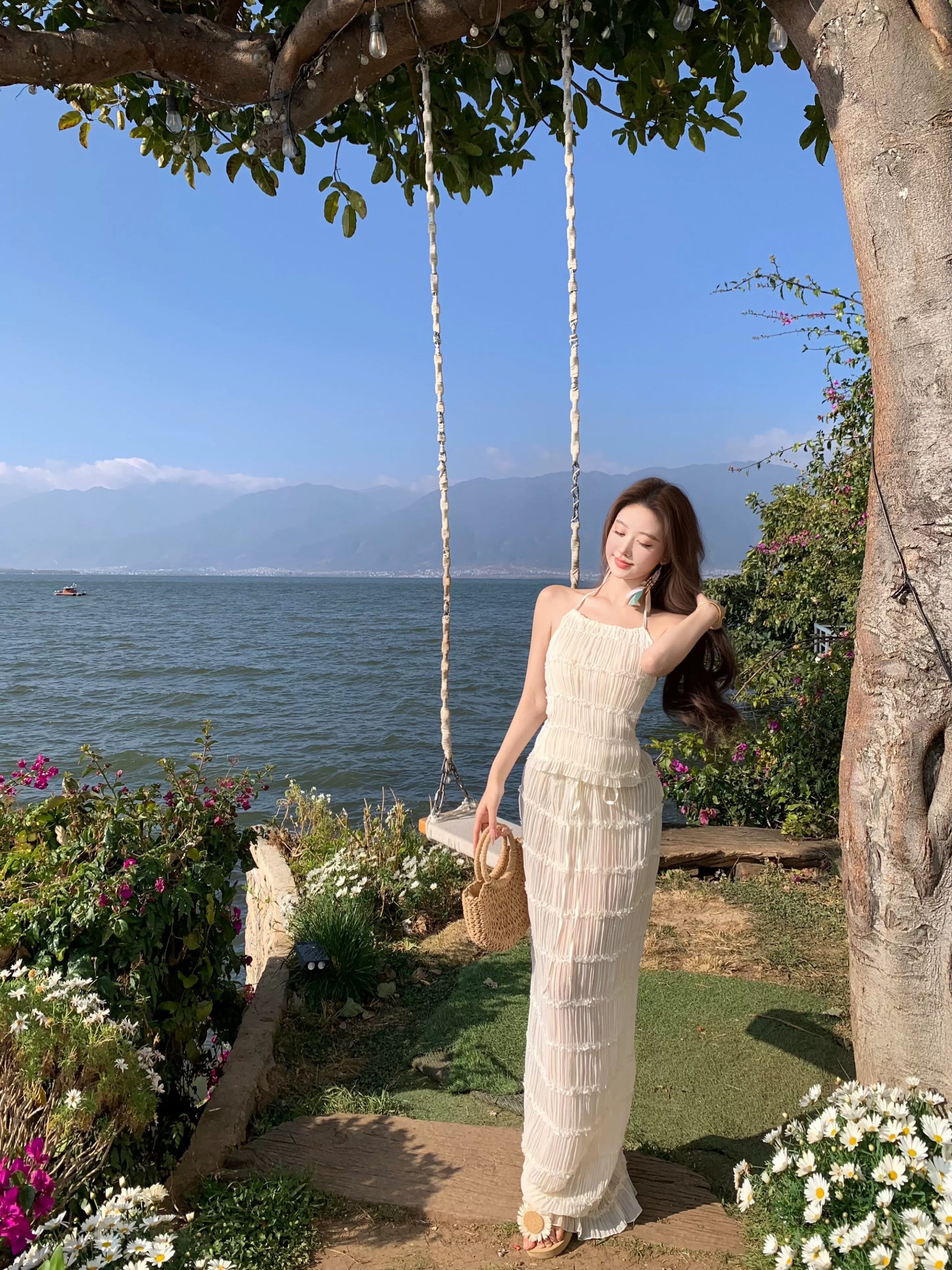 Layered Bareback Top + Long Skirt Two Pieces Set