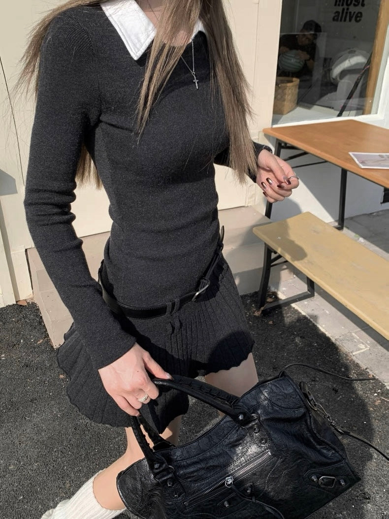 White Collar Black Long Sleeve Dress with Belt