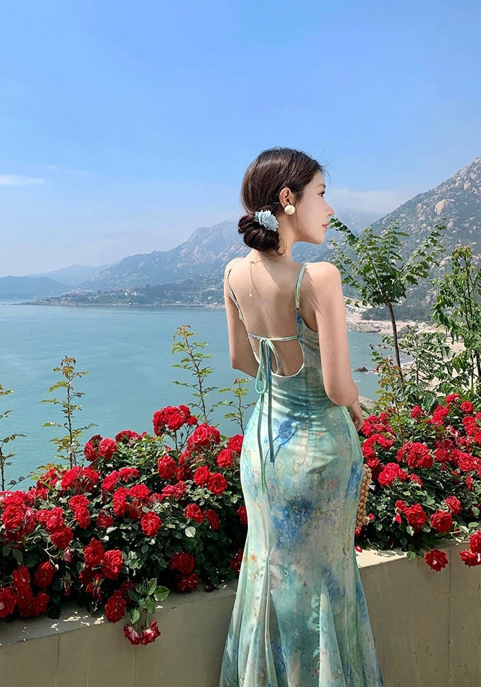 Chiffon Green Long Dress (XS, S, M)