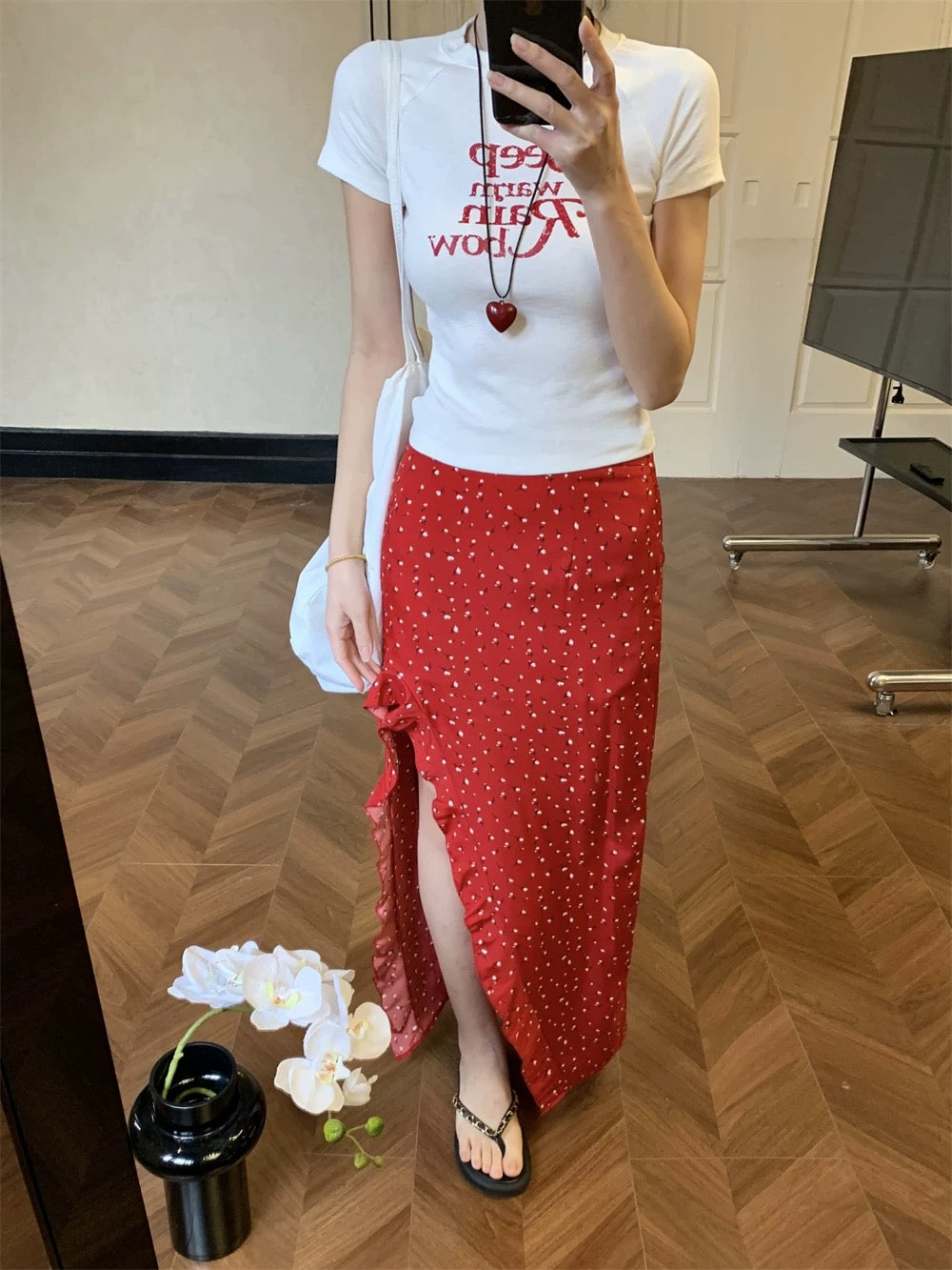 Lora Red Side Cut Long Skirt