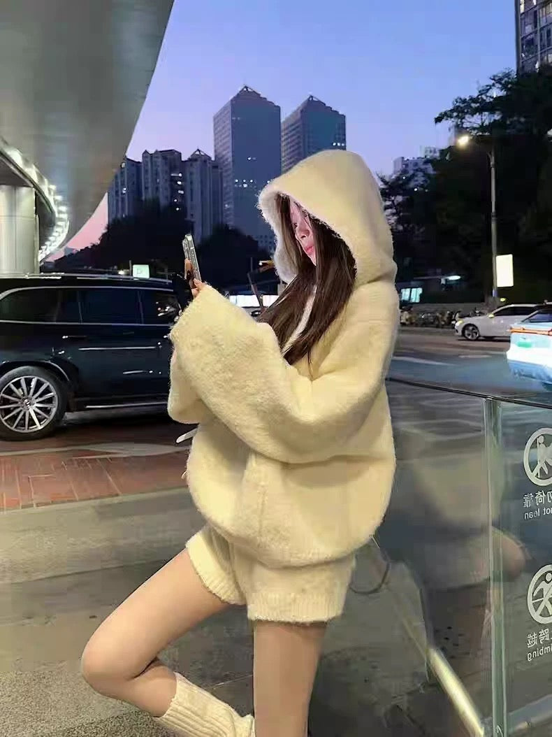 Thick Hoodie Cream Knitted Top + Shorts Two Piece Set