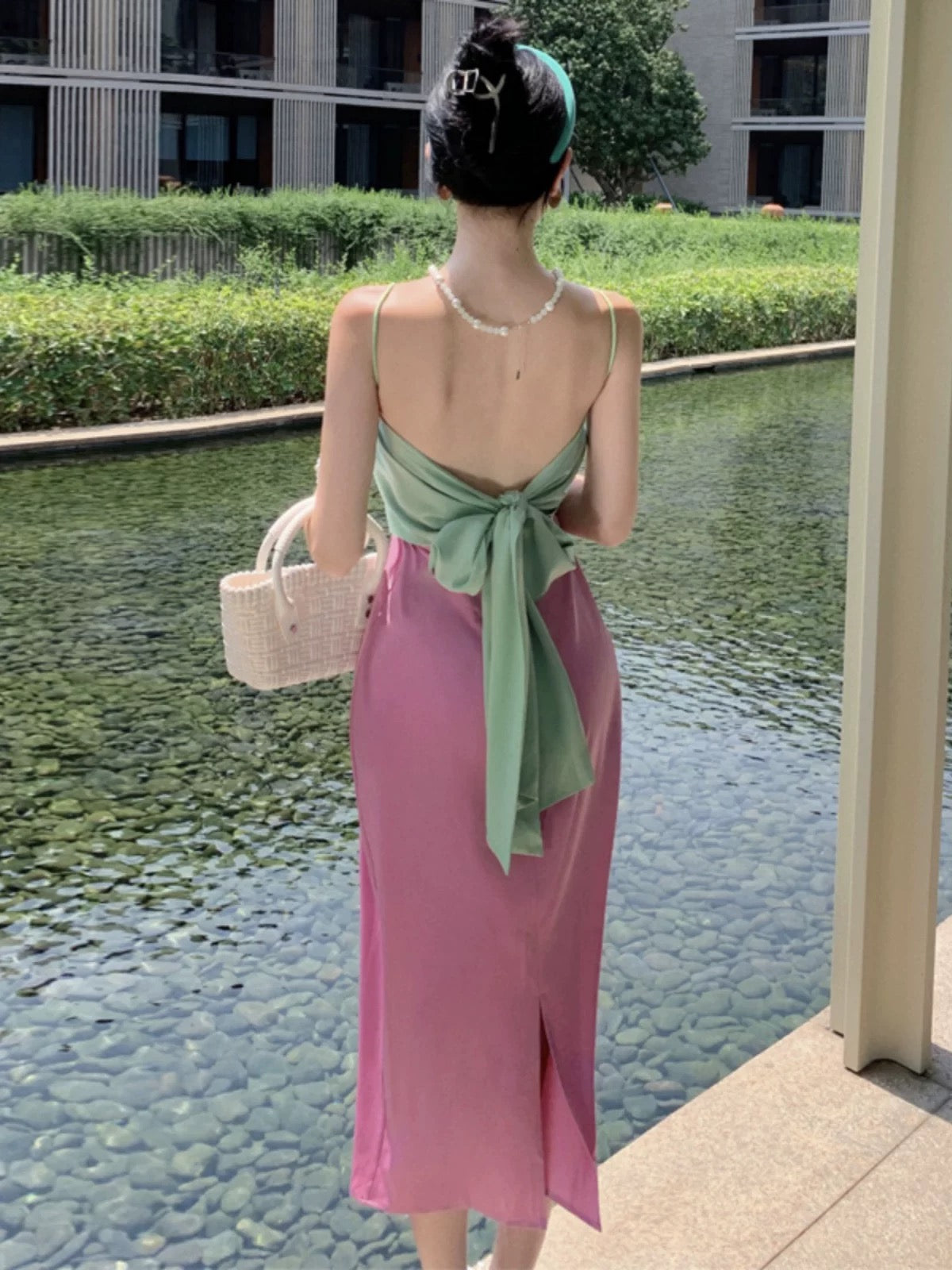 Green Mix Purple Satin Strap Dress (S, M)